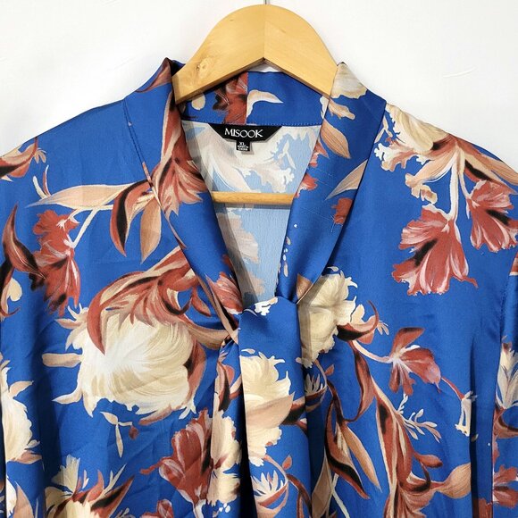 Misook Womens Long Sleeve Tie Neck Blouse Size XL Split Hem Floral Blue Romantic - Picture 3 of 12